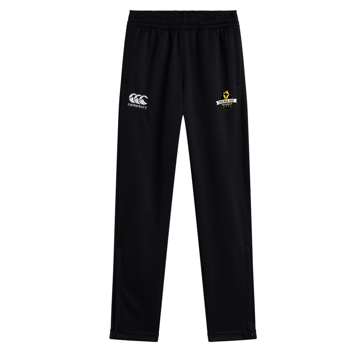 The Chicago Riot Stretch Tapered Pant by EMB Canterbury features an elastic waistband, quick-dry comfort, the Canterbury logo on the left thigh, and a sports team emblem on the right—ideal for peak athletic performance.