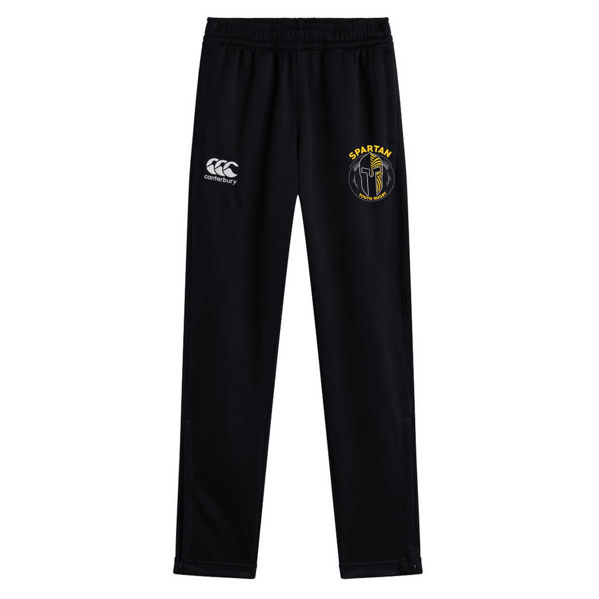 The Spartan Youth Rugby Stretch Tapered Pant by Canterbury features an elastic waistband, quick-dry fabric, white CCC logo on the left, and a yellow Spartans badge on the right thigh—perfect for active young athletes. Brand: EMB Canterbury.