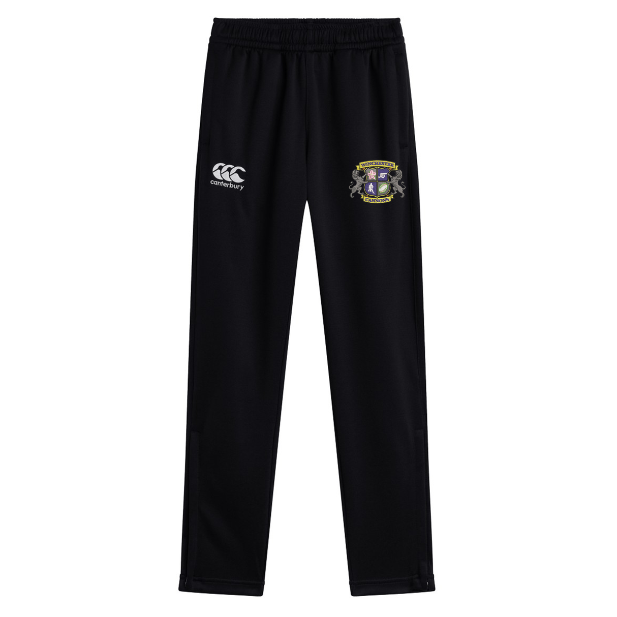 The Winchester Cannons Stretch Tapered Pant by EMB Canterbury are men's workout pants with an elastic waistband, quick dry fabric, a white Canterbury logo, and an embroidered crest on the front for supreme comfort and style.