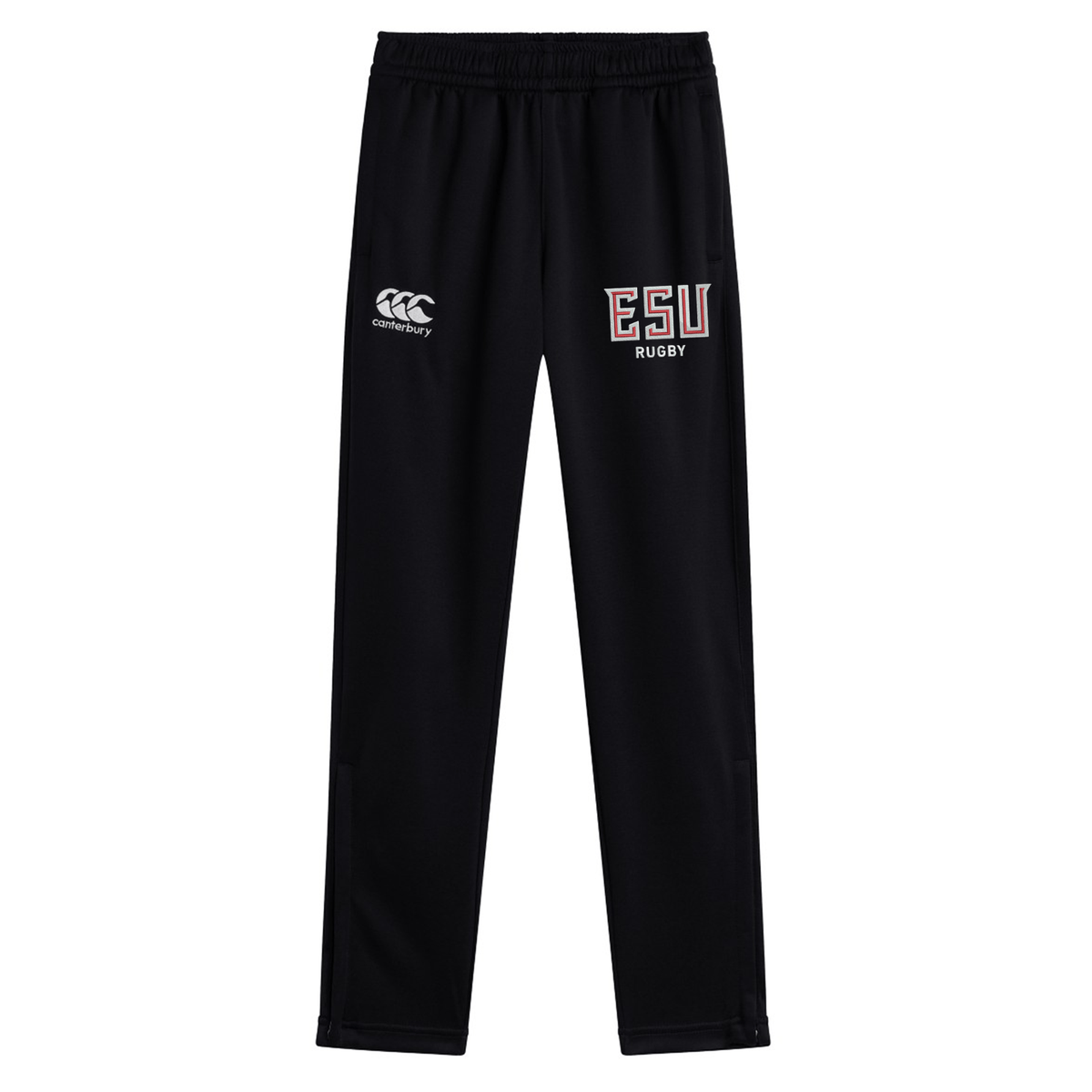 The EMB Canterbury East Stroudsburg University Stretch Tapered Pant features an elastic waistband, Canterbury logo on the left, "ESU Rugby" on the right thigh, and a quick-dry finish for men's peak performance.
