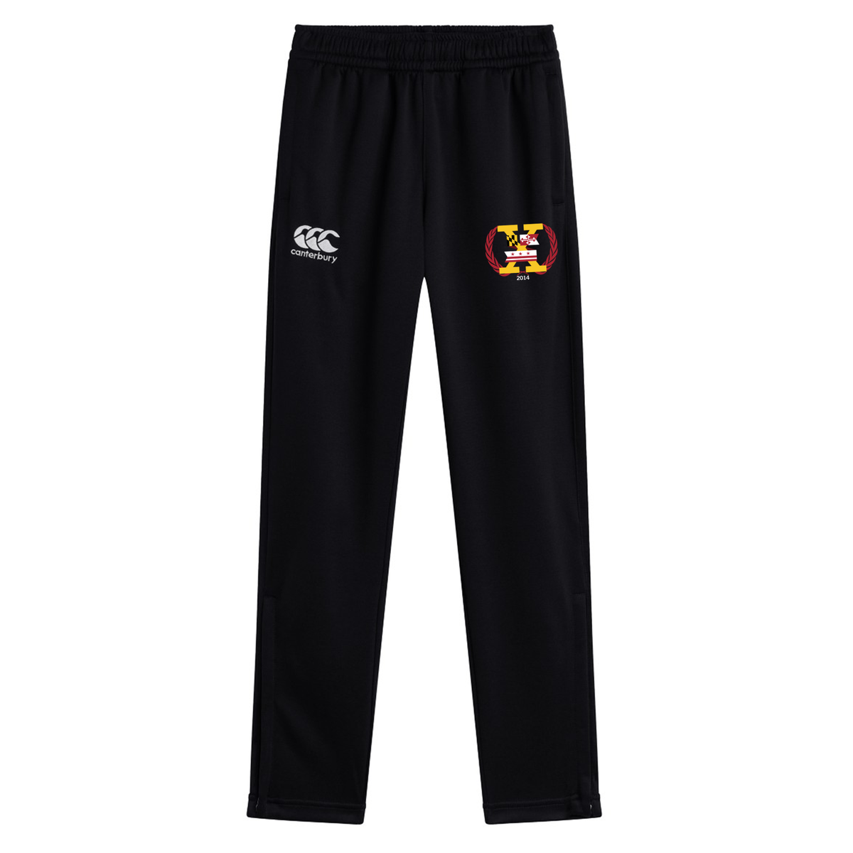 The Potomac Exiles Rugby Club Stretch Tapered Pant by EMB Canterbury features black athletic pants with an elastic waistband, displaying the Canterbury logo on the left thigh and a vibrant Potomac Exiles emblem on the right. Designed for men’s workouts, these pants offer a comfortable fit and quick-dry performance for active lifestyles.