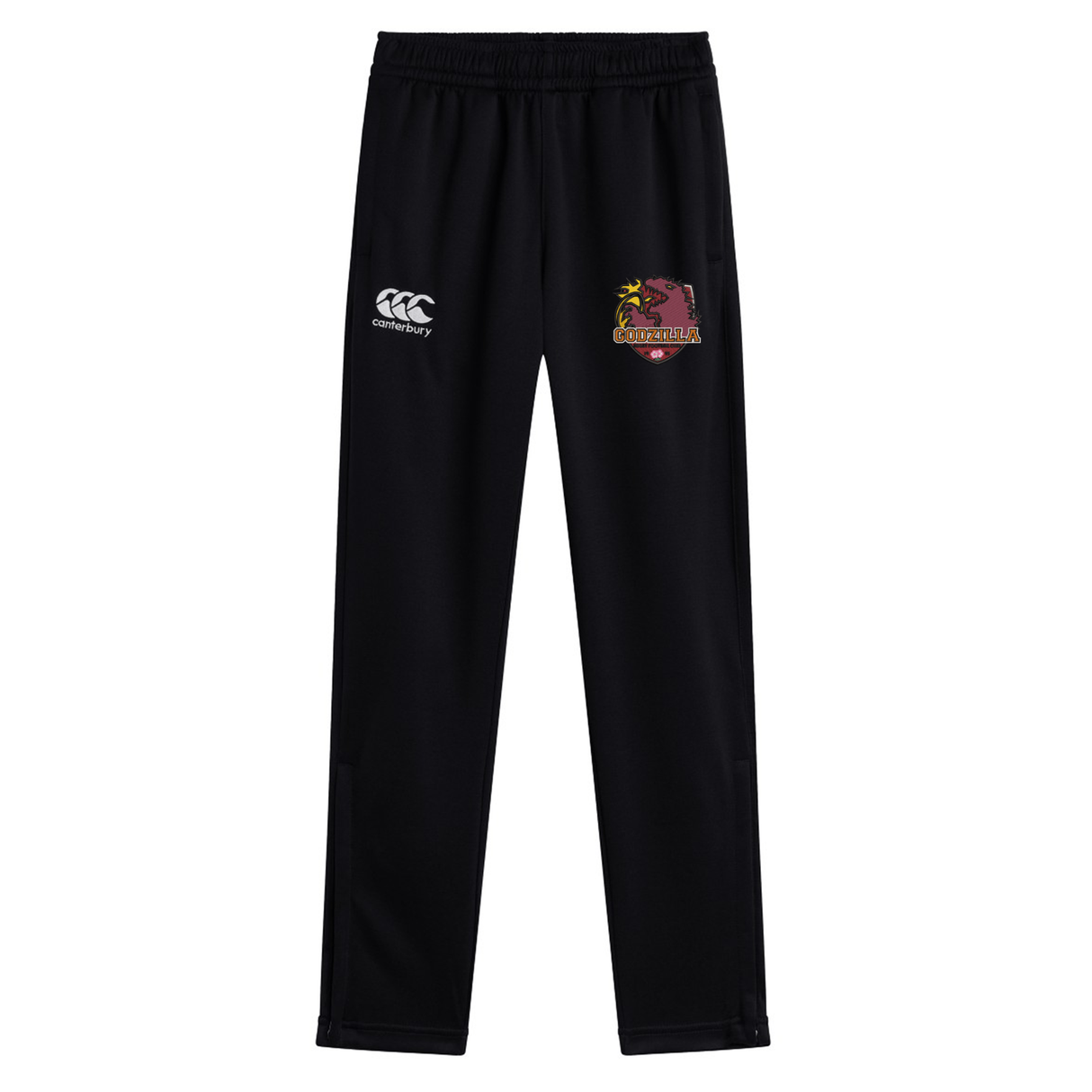 Godzilla Rugby Football Club Stretch Tapered Pant by Canterbury features an elastic waistband, the EMB Canterbury logo, and a maroon crest with a palm tree and “Coconuts” text on the right thigh. These men’s training pants are designed for comfort and quick-dry performance during any workout.