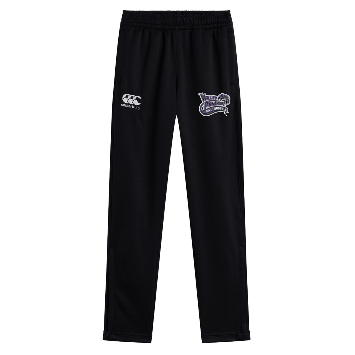 Valley Panthers Girls Rugby Stretch Tapered Pant by Canterbury athletic track pants feature an elastic waistband, the white EMB Canterbury logo on the left, and a “Valley Panthers” emblem on the right thigh, displayed against a white background. These girls’ workout pants combine comfort and style, making them ideal for any training session.