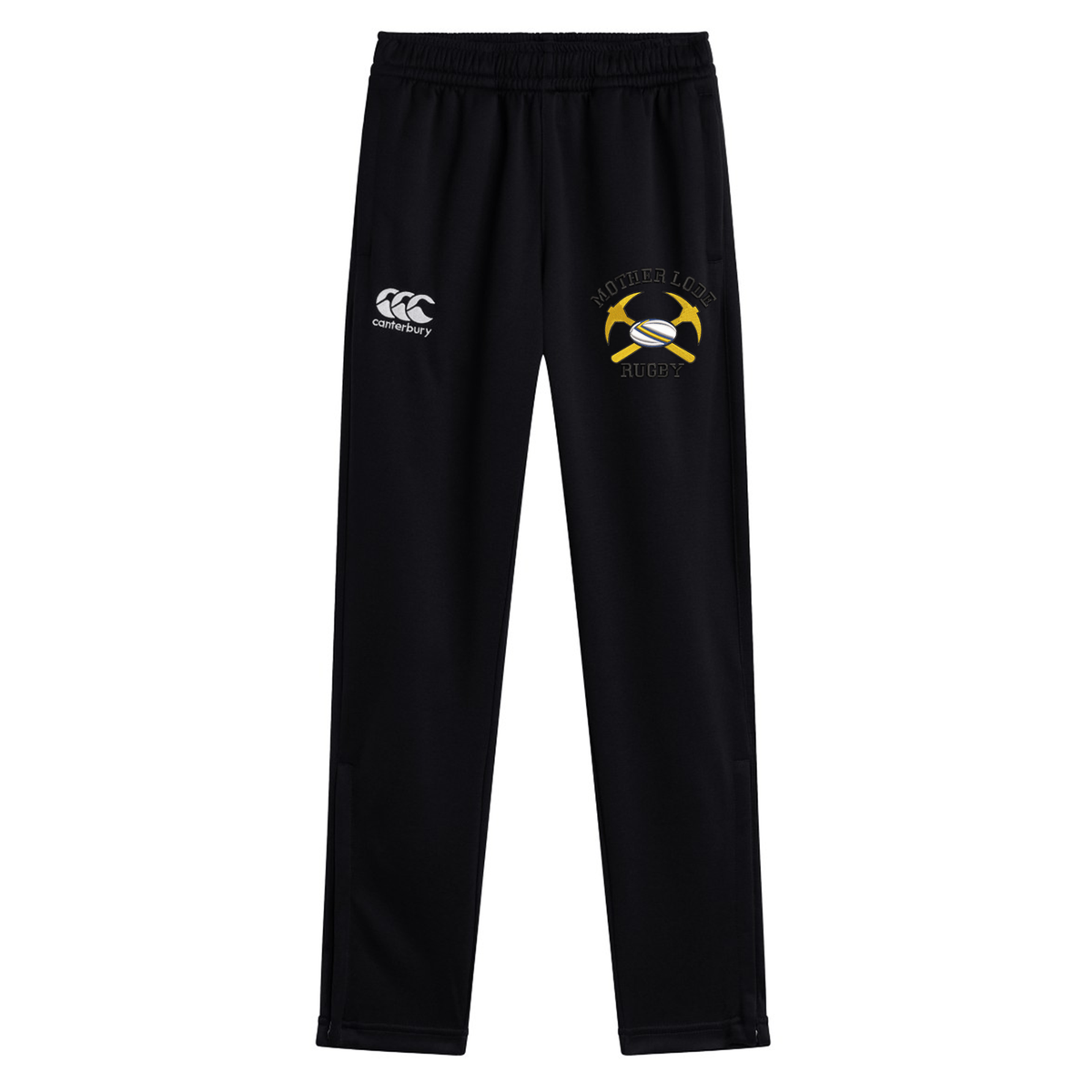 Black stretch tapered Mother Lode Stretch Tapered Pant by Canterbury with a brand logo on the right thigh and a “Mother Lode Rugby” graphic featuring two crossed pickaxes on the left thigh.