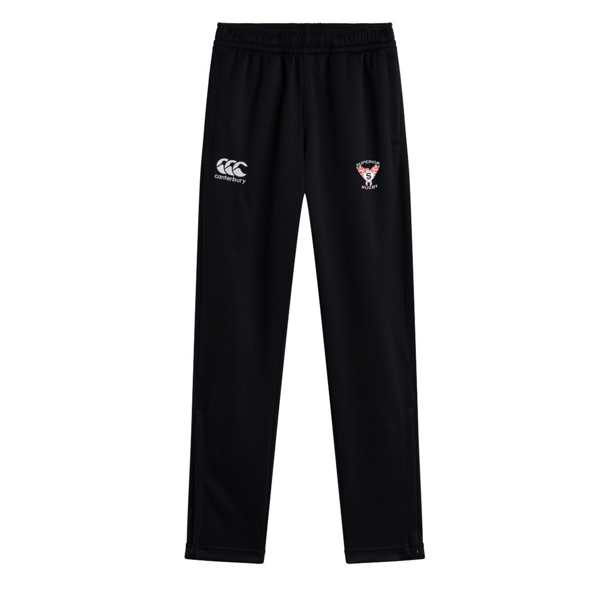 The EMB Canterbury Superior Rugby Club Stretch Tapered Pant features an elastic waistband, Canterbury logo on the left thigh, and club crest on the right. Ideal men's workout pants for comfort and style.