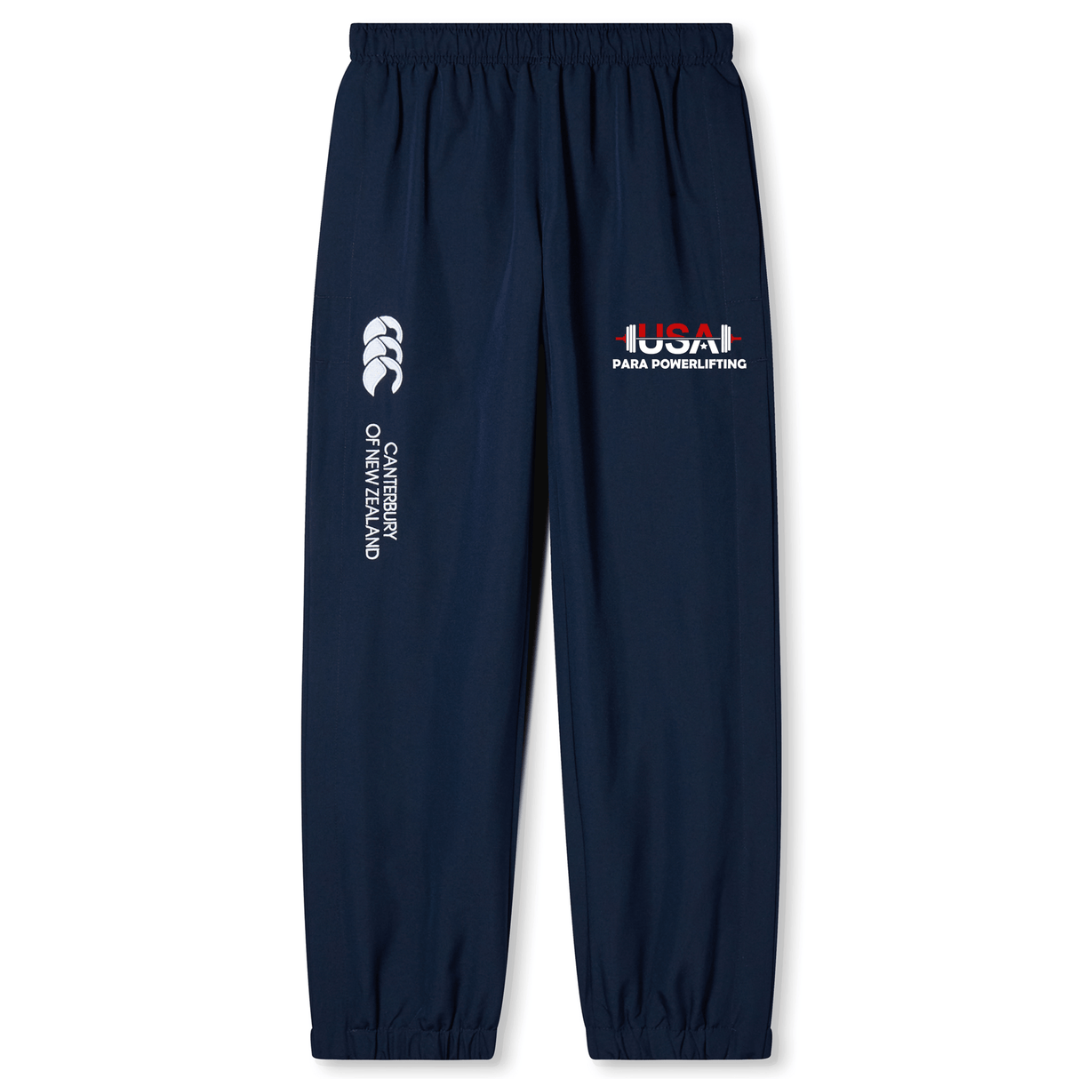 The EMB Canterbury USA Para Powerlifting Cuffed Hem Stadium Pant features elastic cuffs, the Canterbury of New Zealand logo on the left leg, and a "USA Para Powerlifting" logo on the right leg—perfect for sporty or rugby wear.