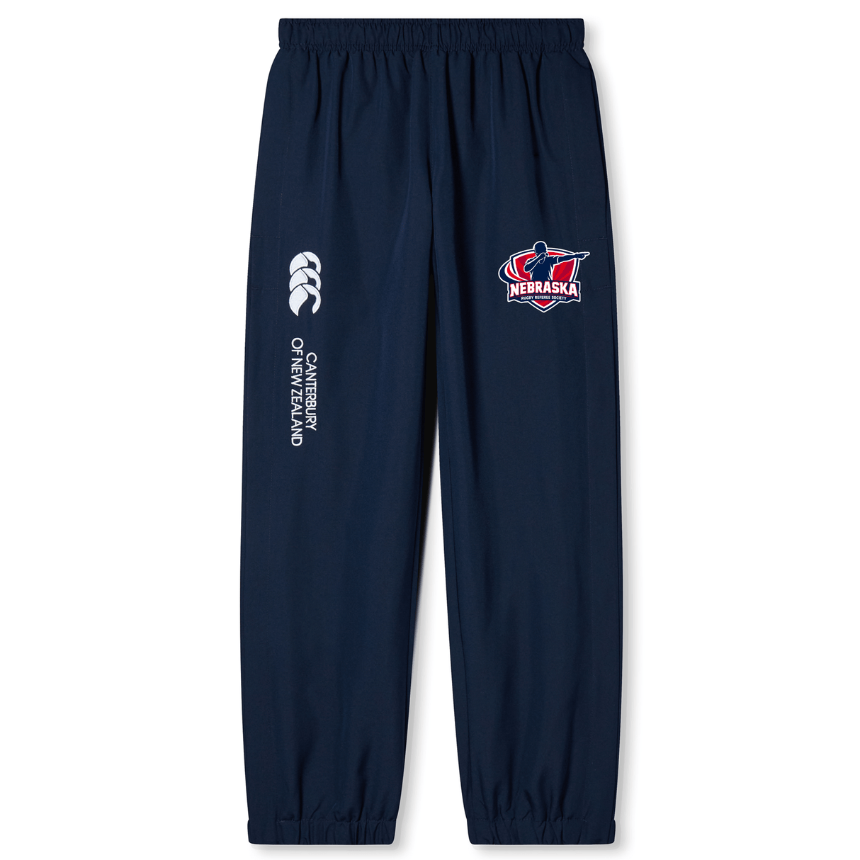 The EMB Canterbury Nebraska Rugby Referee Society Cuffed Hem Stadium Pant features a Nebraska logo on the right hip, Canterbury branding on the left leg, and elastic cuffs and waistband—ideal stadium pants for rugby fans.