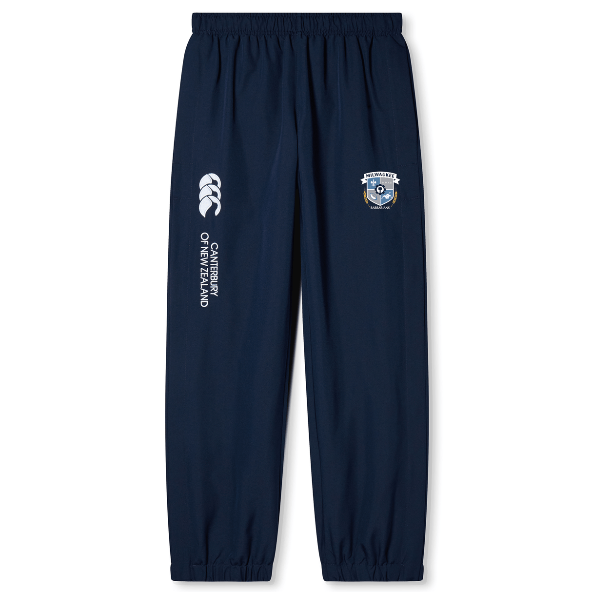 The Milwaukee Barbarians Rugby Cuffed Hem Stadium Pant by EMB Canterbury features an elastic waist, cuffed hem, front club crest, and Canterbury of New Zealand logo—classic men's stadium pants style.