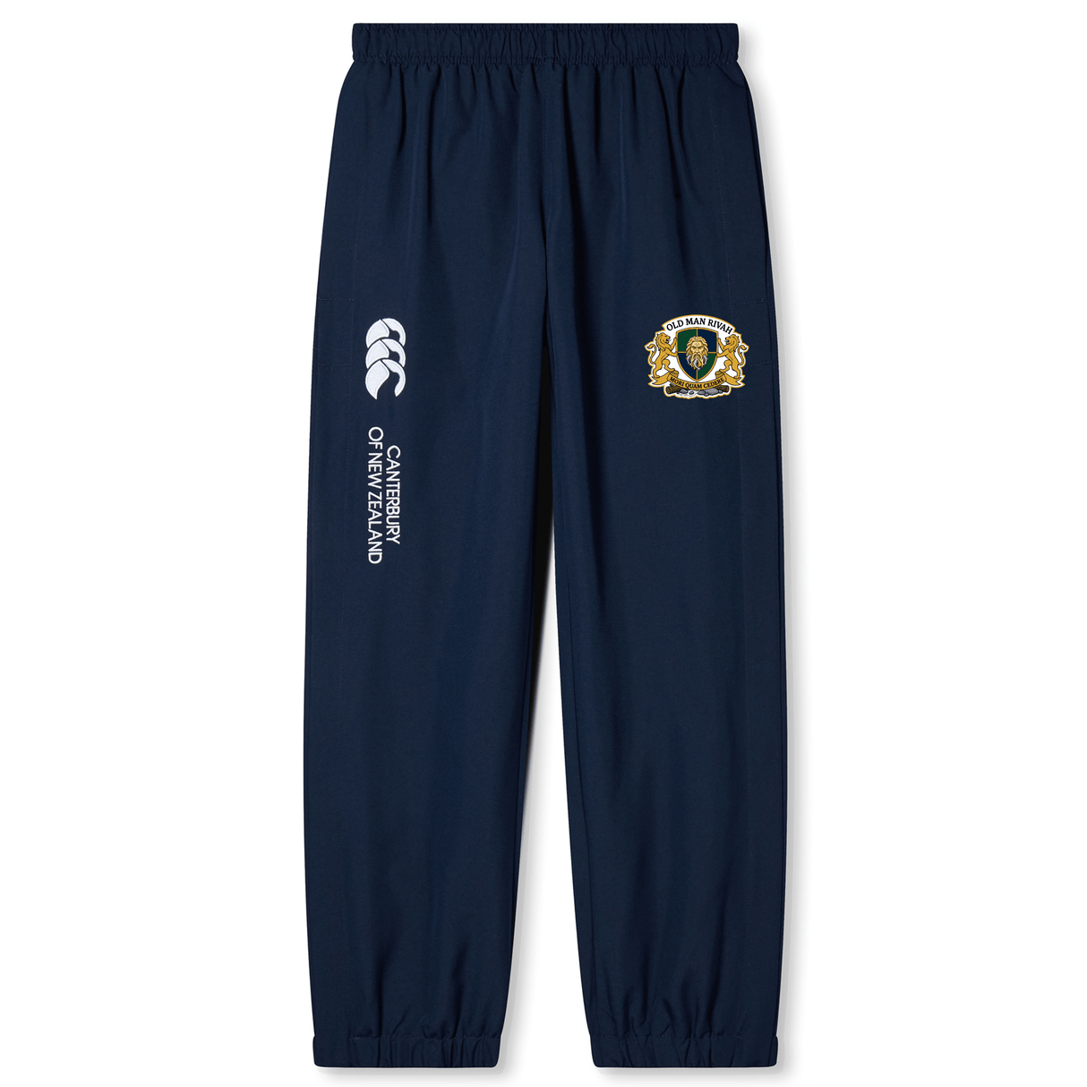 The Old Man Rivah Rugby Cuffed Hem Stadium Pant by EMB Canterbury features an embroidered logo on the right thigh and white Canterbury of New Zealand branding on the left, offering stylish and comfortable rugby pants.