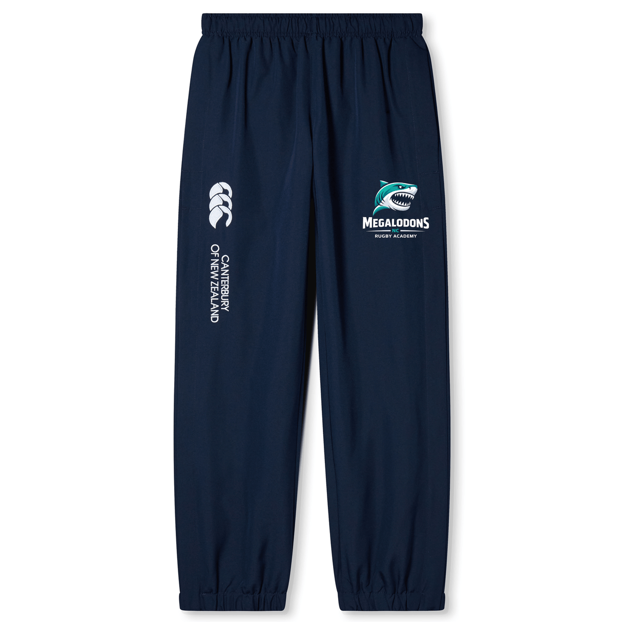 The NC Rugby Academy - Megalodons Cuffed Hem Stadium Pant by EMB Canterbury features elastic cuffs, "Canterbury of New Zealand" branding, and a "Megalodons Rugby Academy" logo—ideal men's stadium pants for rugby fans.