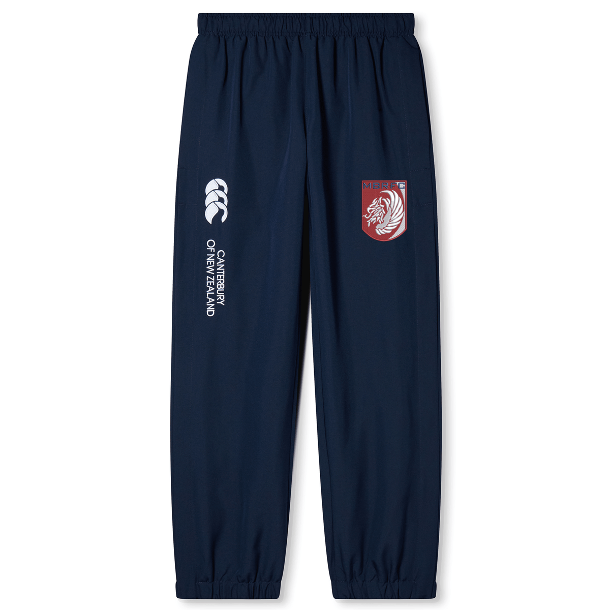 The Montgomery Bucks Griffins Cuffed Hem Stadium Pant by EMB Canterbury features a navy blue design with elastic waist and cuffs, white Canterbury logo, and red lion “MER” crest—ideal men’s pants for rugby training or casual wear.
