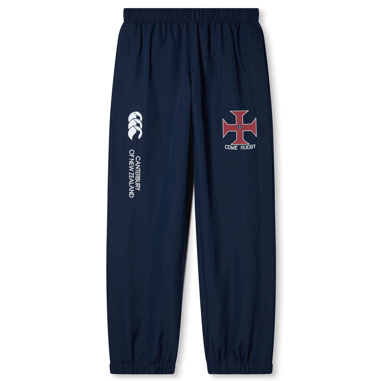 Experience both style and comfort with the SF CDME Rugby Cuffed Hem Stadium Pant by Canterbury from EMB Canterbury, featuring navy blue athletic fabric, elastic cuffs, a prominent Canterbury of New Zealand logo, and a Come Rugby emblem on the front—ideal for rugby enthusiasts.