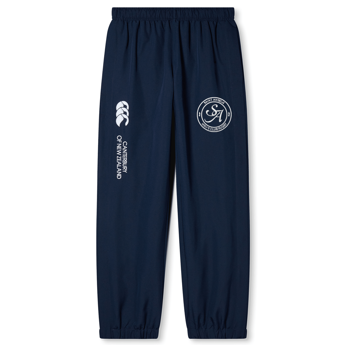 The EMB Canterbury Saint Anselm College Club Rugby Cuffed Hem Stadium Pant features an elastic waistband, cuffed hems, and white logos/text on navy blue, inspired by classic Canterbury rugby pants for style and comfort.
