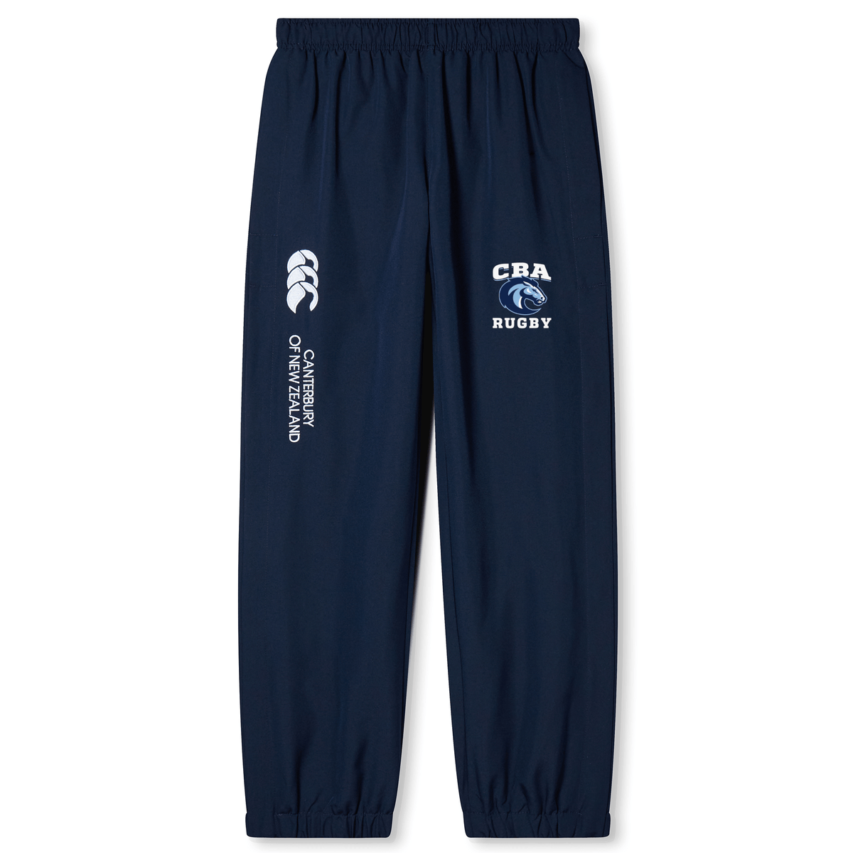 Navy rugby pants with quick-dry fabric, "Canterbury of New Zealand" and "CBA Rugby" prints, and a comfortable cuffed hem. Product: Christian Brothers Academy Rugby Cuffed Hem Stadium Pant by EMB Canterbury.