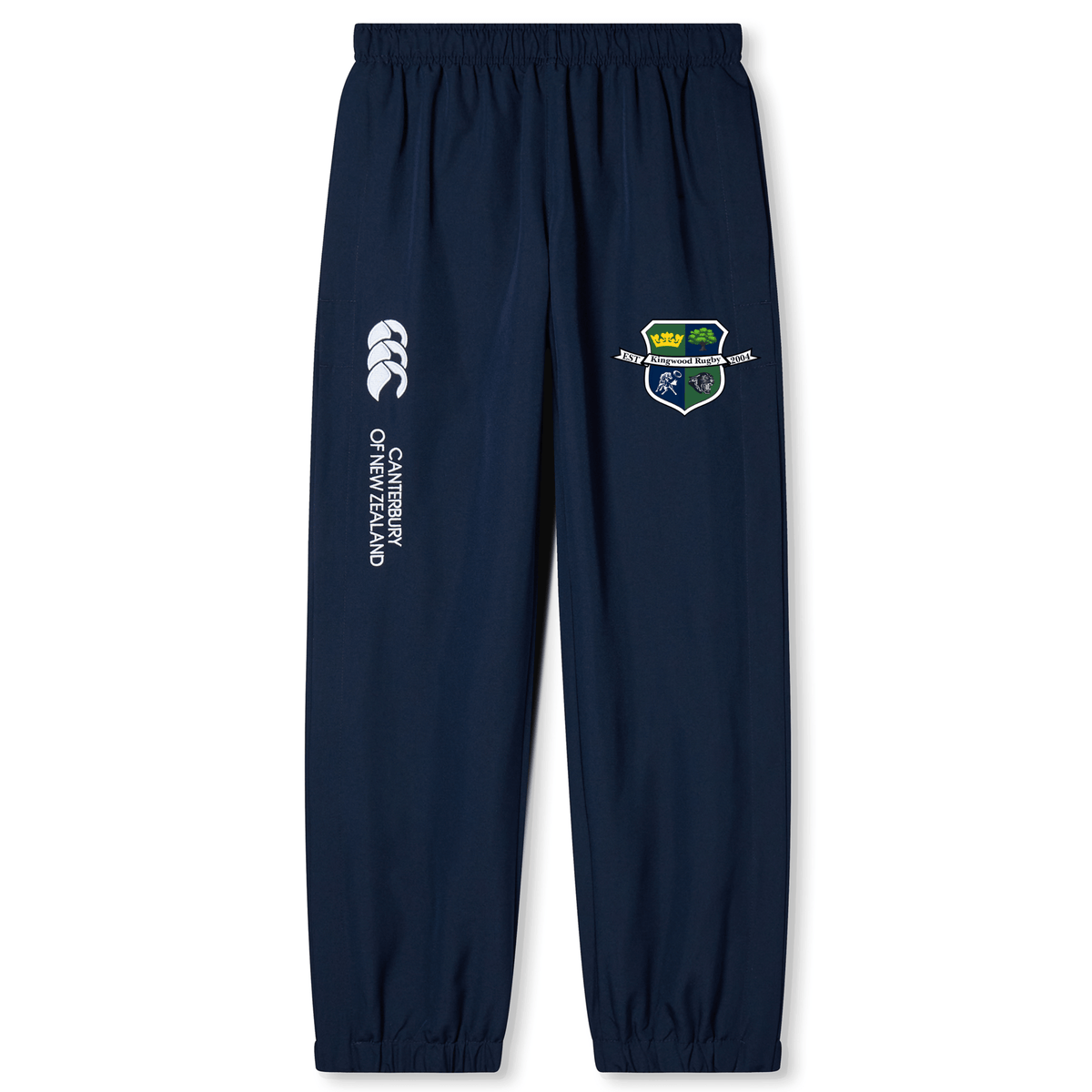 The Kingwood Rugby Cuffed Hem Stadium Pant by EMB Canterbury features elastic cuffs, a Canterbury of New Zealand logo, and a multicolored crest on the upper left leg for stylish comfort.