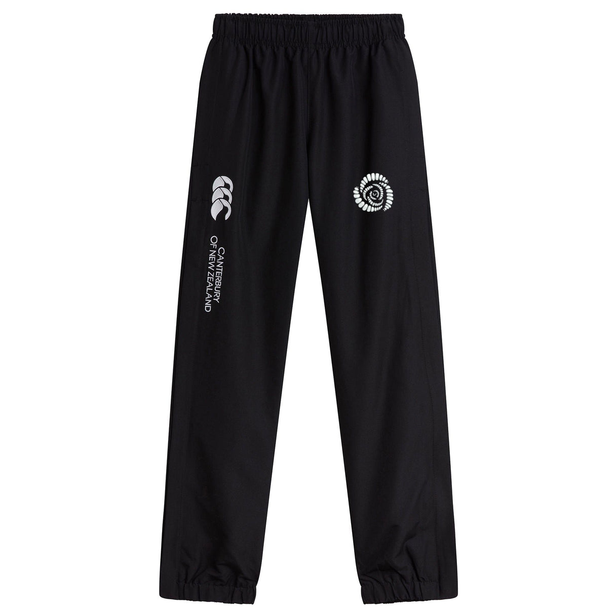Introducing the Missoula All-Maggots Cuffed Hem Stadium Pant by EMB Canterbury—these black athletic track pants feature an elastic waistband and cuffs, with white printed logos on both the left and right thighs. Inspired by classic men's stadium pants, this EMB Canterbury design effortlessly combines comfort and style, making it perfect for active days or relaxed downtime.