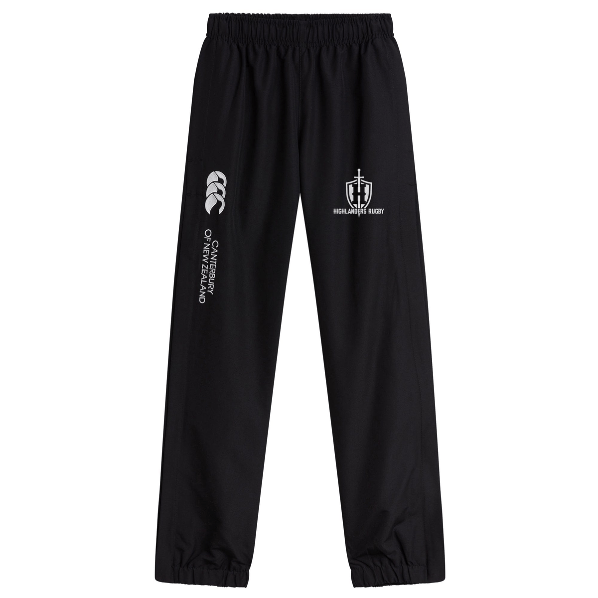 The Highlanders Rugby NC Cuffed Hem Stadium Pant by Canterbury, designed by EMB Canterbury, is perfect for the rugby pitch with its black color, elastic waistband, cuffed hem and ankles, and adorned with both the Canterbury of New Zealand and World Rugby logos.