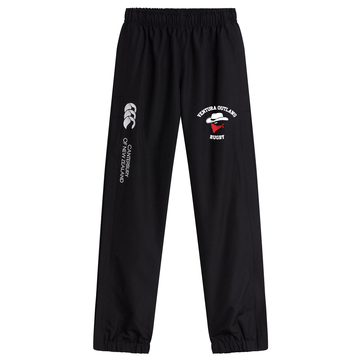 The Ventura Outlaws Rugby Cuffed Hem Stadium Pants by EMB Canterbury feature an adjustable fit, a Canterbury of New Zealand logo on the left, and a Ventura Outlaws Rugby logo on the right.