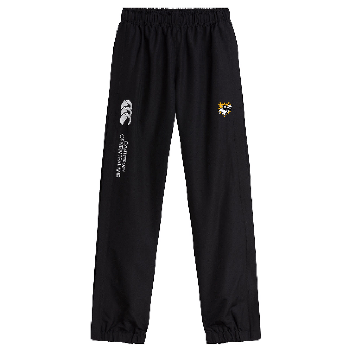 The Seattle Vikings Rugby Cuffed Hem Stadium Pant by EMB Canterbury is a pair of black pants showcasing a white Canterbury logo and a yellow emblem on the upper leg. It is designed with an elastic waistband and cuffed hems for both comfort and style.