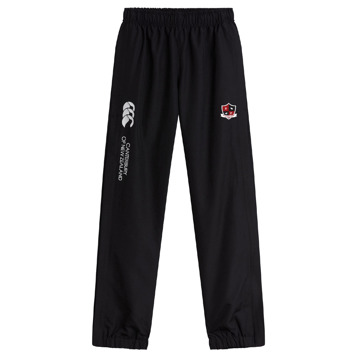 The EMB Canterbury Southern Pines Youth Rugby Cuffed Hem Stadium Pant features an elastic waistband, cuffed hem, and boasts two logos: "Canterbury of New Zealand" and a red/black shield emblem. These versatile track pants suit both casual wear and athletic pursuits.