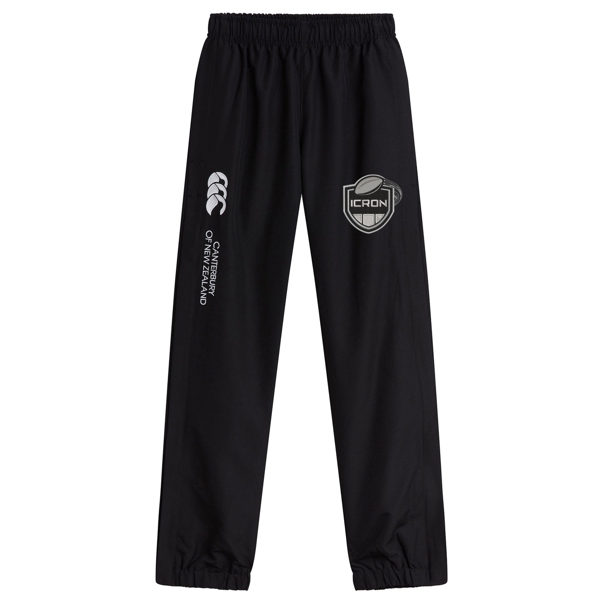 Black ICRON Cuffed Hem Stadium Pant by Canterbury with an elastic waistband and cuffed hems, featuring a logo on the right thigh and an “ICRON” crest on the left.