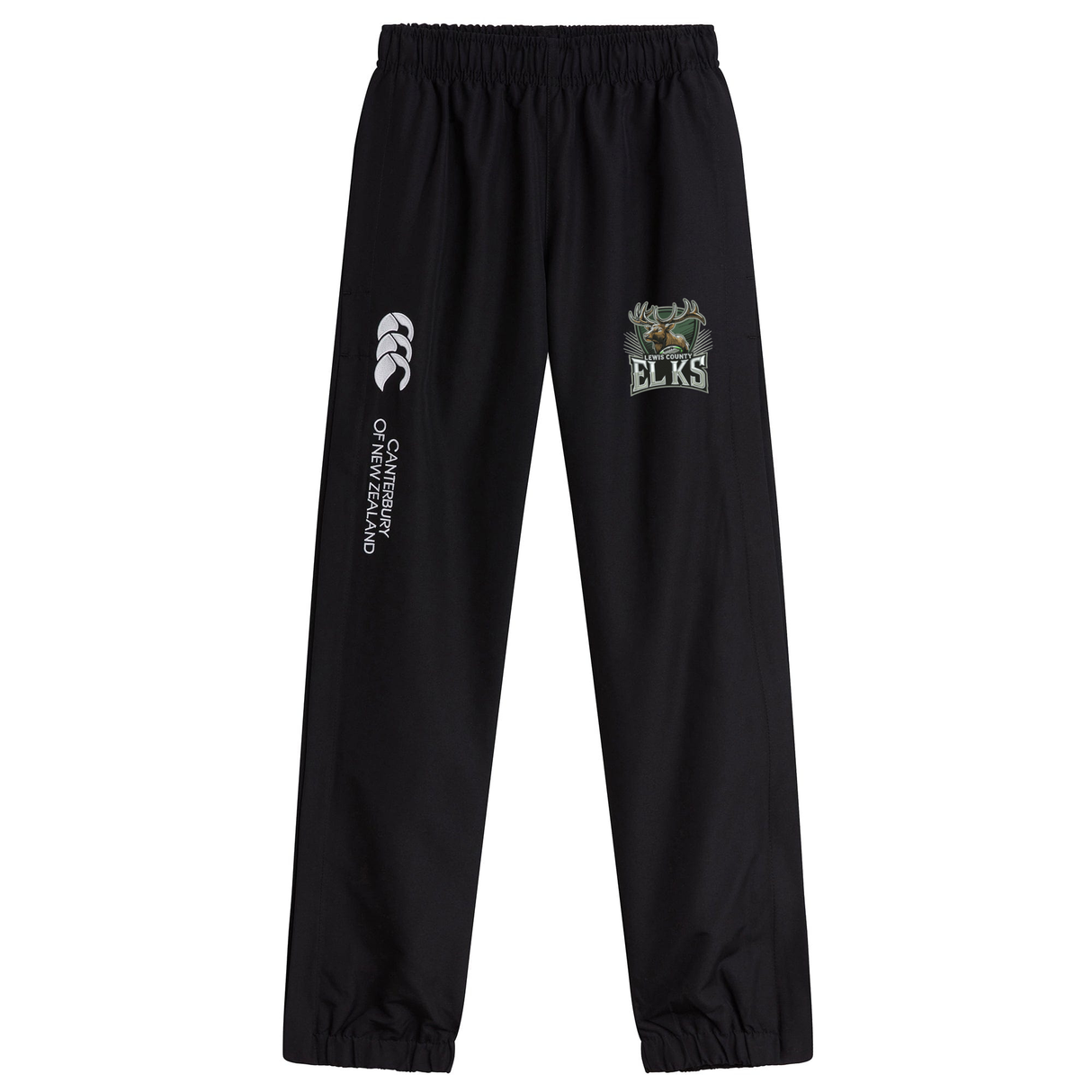 The Lewis County Elks Cuffed Hem Stadium Pant by EMB Canterbury features an elastic waistband and cuffs, with Canterbury of New Zealand and Elks logos on the left thigh—making these Canterbury men’s pants the perfect choice for rugby stadium wear with their comfortable, cuffed hem design.