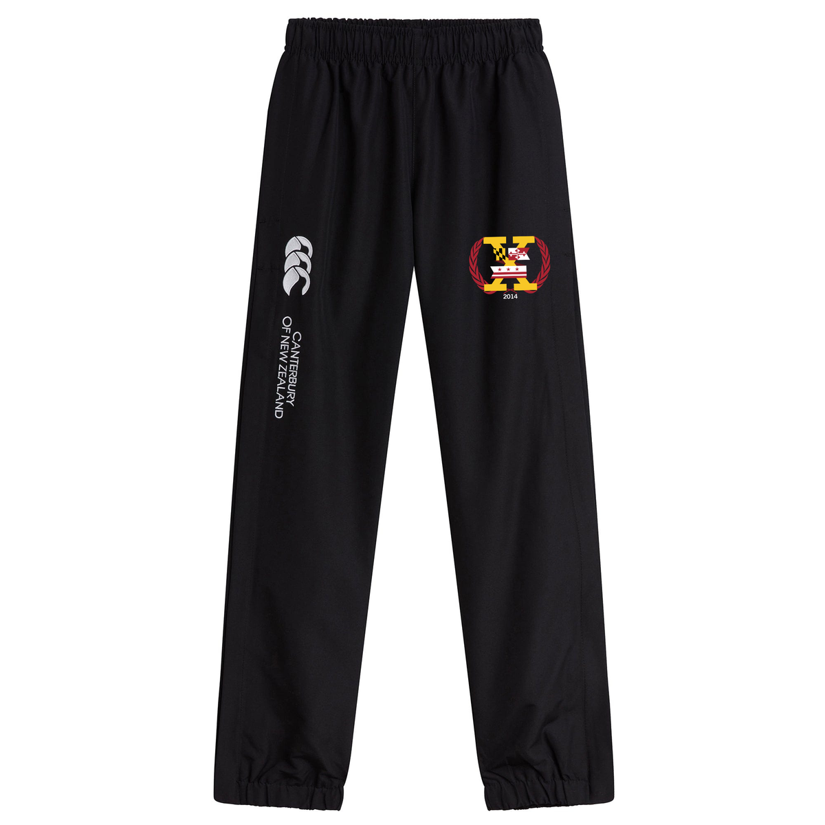 Elevate your rugby style with the Potomac Exiles Rugby Club Cuffed Hem Stadium Pant by EMB Canterbury—these black athletic pants feature an elastic waist and cuffs, the iconic Canterbury of New Zealand logo on the left leg, and a vibrant multicolor "Potomac Exiles" crest with "2024" on the right leg, making them perfect for rugby enthusiasts looking for stylish men's cuffed hem stadium pants.