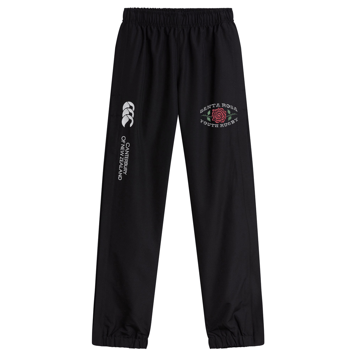 The Santa Rosa Youth Rugby Cuffed Hem Stadium Pant by Canterbury, from EMB Canterbury, features black rugby pants with an elastic waist and cuffs for comfort and athletic style. The left leg displays the signature Canterbury logo while the right leg is adorned with a “Santa Rosa Youth Rugby” emblem featuring a rose, making these men’s cuffed hem pants ideal for training or casual wear.