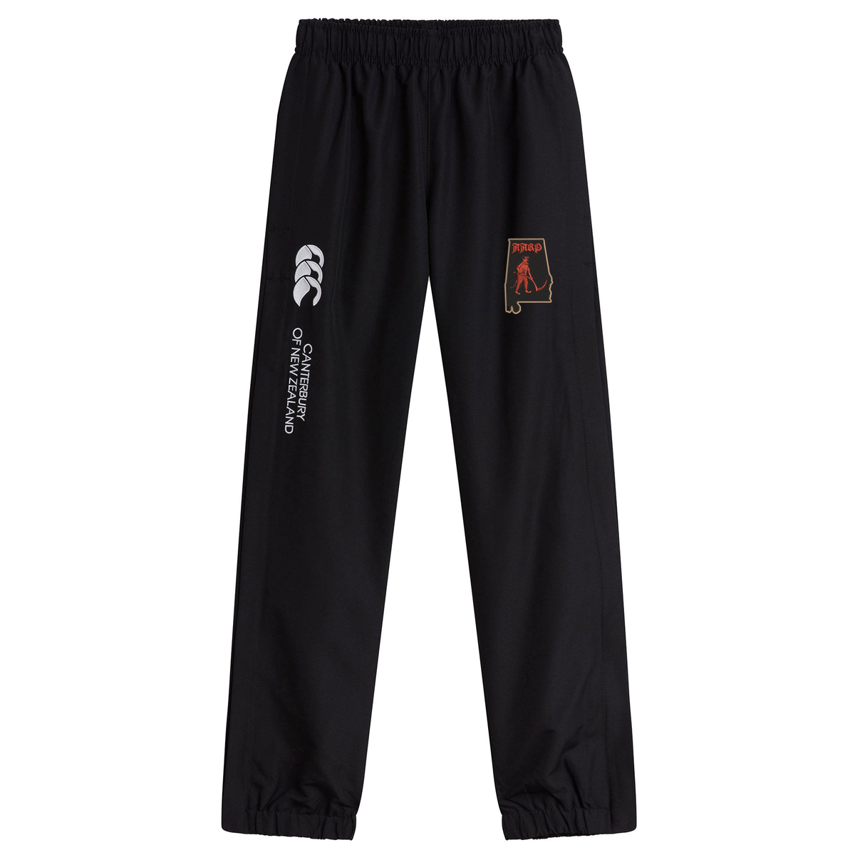 Black Aging Alabama Rugby Players Cuffed Hem Stadium Pant by Canterbury with white logo branding on the right leg and an Alabama state graphic with a hockey player on the left leg.