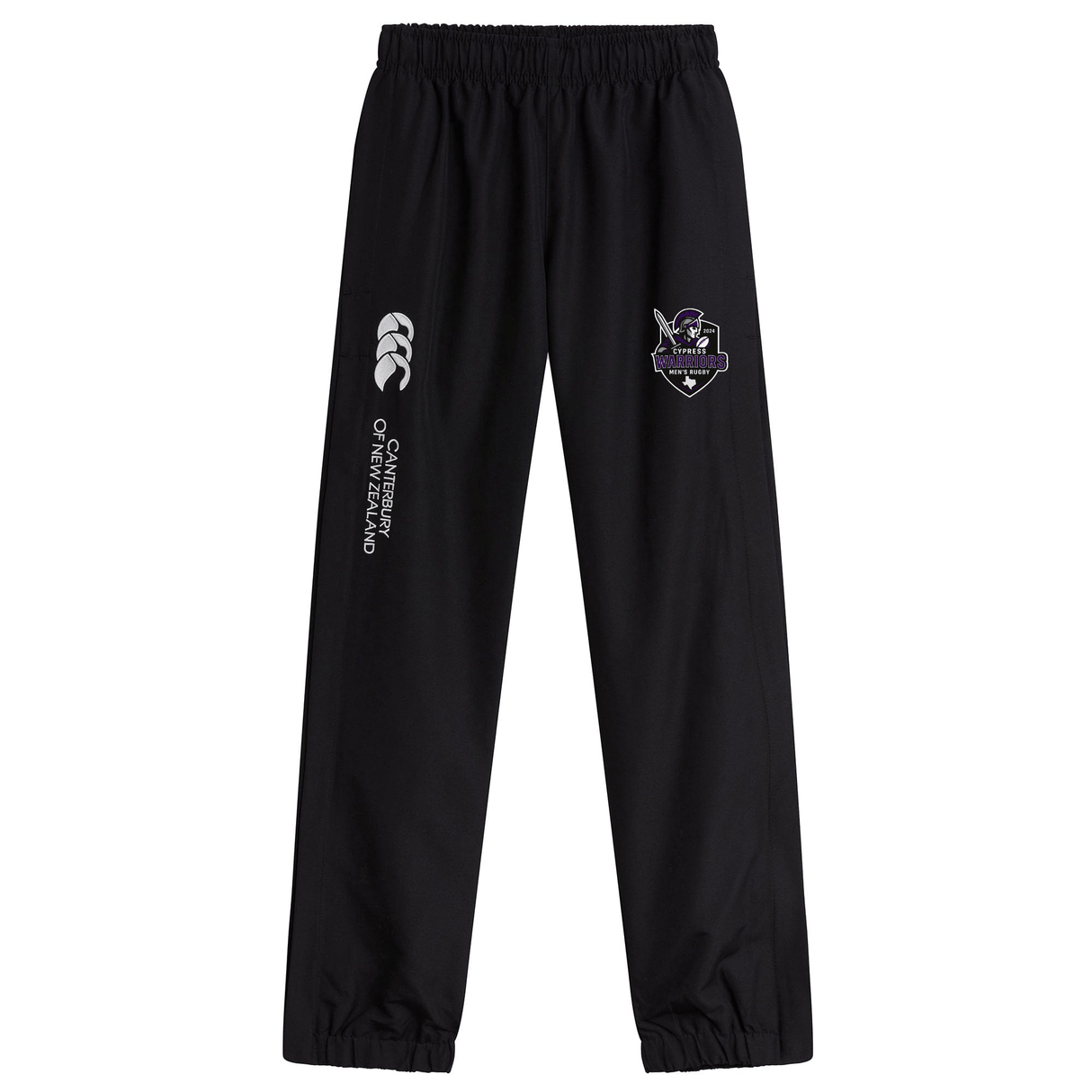 The Cypress Warriors Men's Rugby Cuffed Hem Stadium Pant by EMB Canterbury features an elastic waistband, white "Canterbury of New Zealand" logo, team emblem, and comfortable cuffed hem—perfect stadium pants for active men.