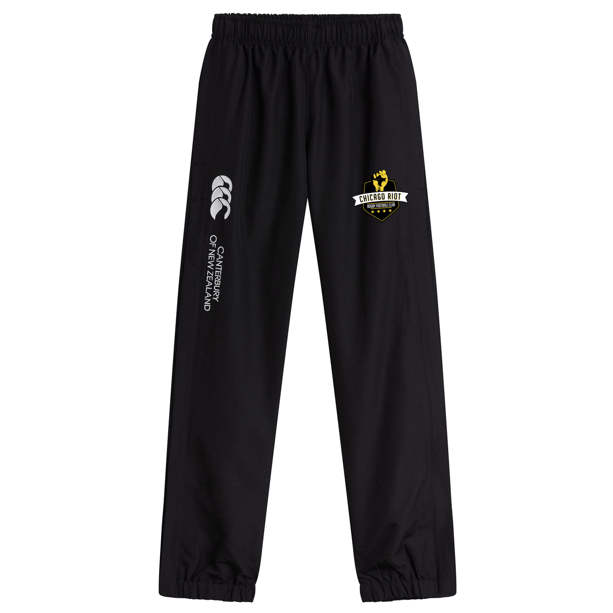 The Chicago Riot Cuffed Hem Stadium Pant by EMB Canterbury features an elastic waistband, the Canterbury logo, and the Scholes Holt Football Club crest on the front—ideal for rugby fans.