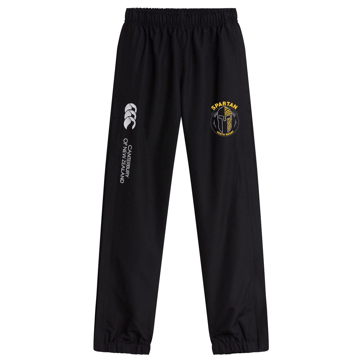 The Spartan Youth Rugby Cuffed Hem Stadium Pant by EMB Canterbury features an elastic waistband, cuffed hems, "Canterbury of New Zealand" text and logos on the left leg, and a "Spartan" badge on the right thigh.