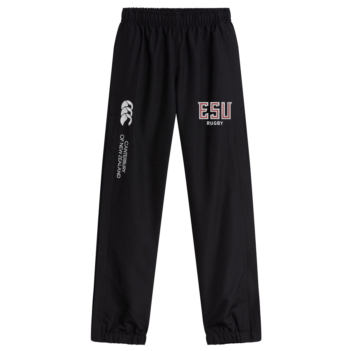The EMB Canterbury East Stroudsburg University Cuffed Hem Stadium Pant features an elastic waistband, "Canterbury of New Zealand" logo on one leg, "ESU Rugby" on the other, and cuffed hems—classic men’s athletic rugby pants.