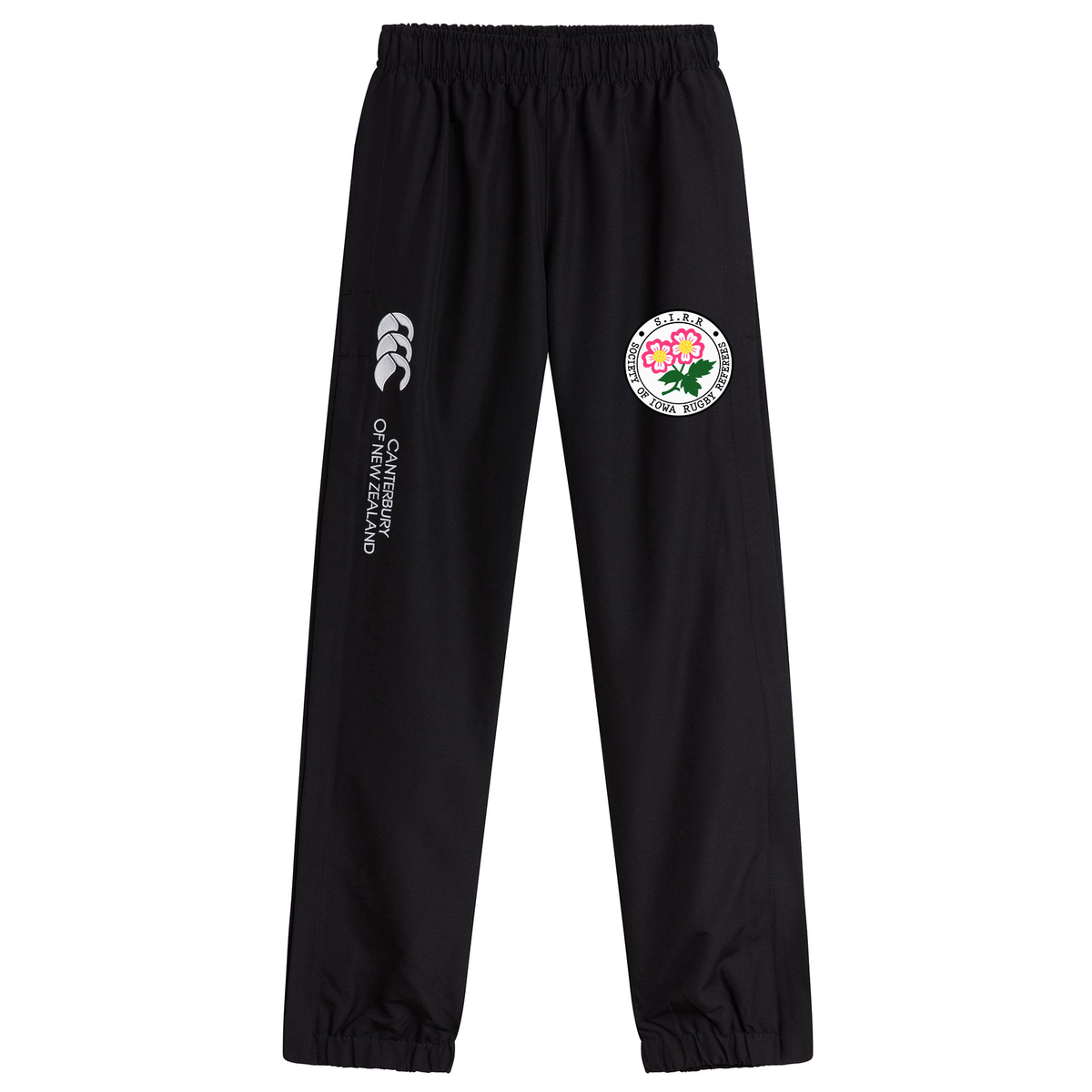 The Society of Iowa Rugby Referees Cuffed Hem Stadium Pant by EMB Canterbury features an elastic waist, a “Canterbury of New Zealand” logo, and an embroidered circular floral badge on the left thigh. These men’s cuffed hem pants are styled after classic Canterbury stadium pants, making them ideal for rugby or everyday athletic wear.