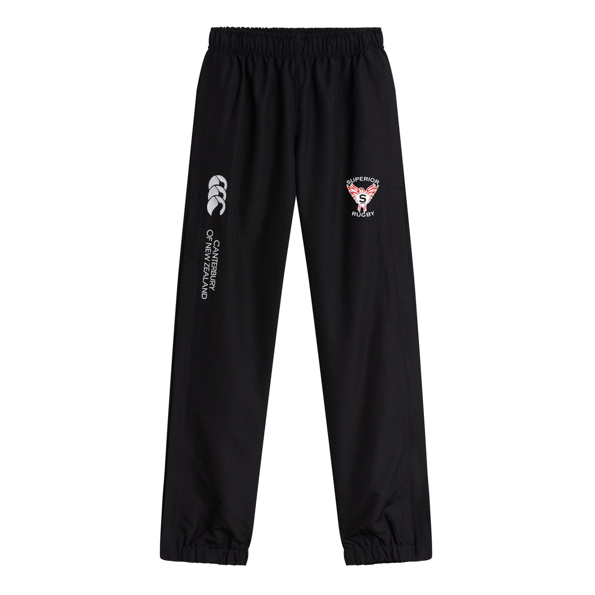 The Superior Rugby Club Cuffed Hem Stadium Pant by EMB Canterbury features an elastic waistband, cuffed hem, and club logos on the front—ideal men's athletic pants for sporty comfort and style.