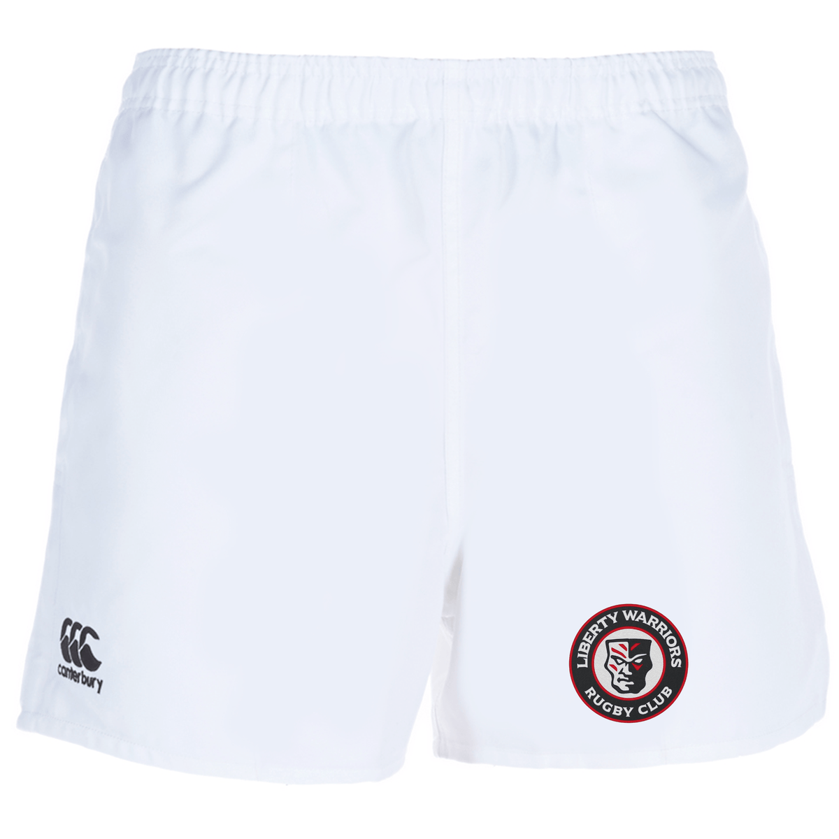Liberty Lake Warriors Professional Polyester Rugby Short by EMB Canterbury featuring the renowned Canterbury logo on the left and the celebrated Liberty Warriors Rugby Club emblem on the right.
