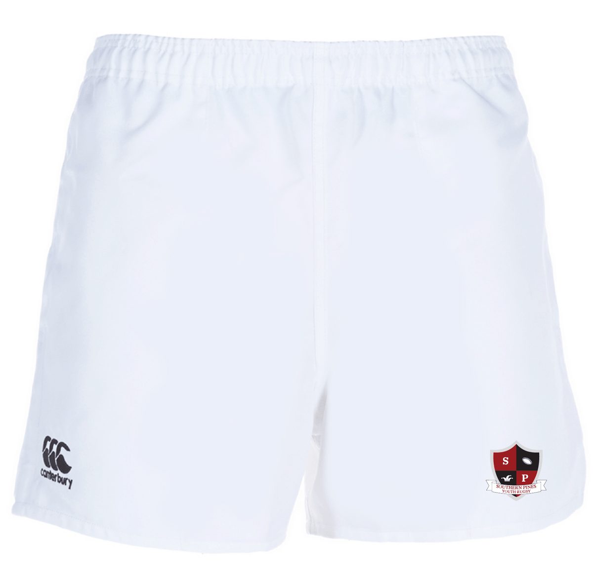 EMB Canterbury Southern Pines Youth Rugby Advantage Shorts showcase logos, a "SP" and "III" crest with shield and banner. Made with moisture-wicking fabric for comfort, they feature a non-slip waistband to stay secure during activities.