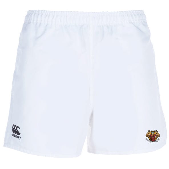 Wiregrass Rugby Advantage Short 2.0 by EMB Canterbury in white are engineered for ultimate performance, adorned with an embroidered badge on the front right side and the Canterbury logo on the front left side. Made from 95% recycled materials, these shorts seamlessly blend sustainability with style.