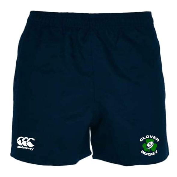 The Clover Blue Eagles Rugby Advantage Short 2.0 by EMB Canterbury are navy blue shorts showcasing the "Canterbury" and "Clover Rugby" logos, made with recycled materials to boost performance and sustainability, providing an advantage both on and off the field.