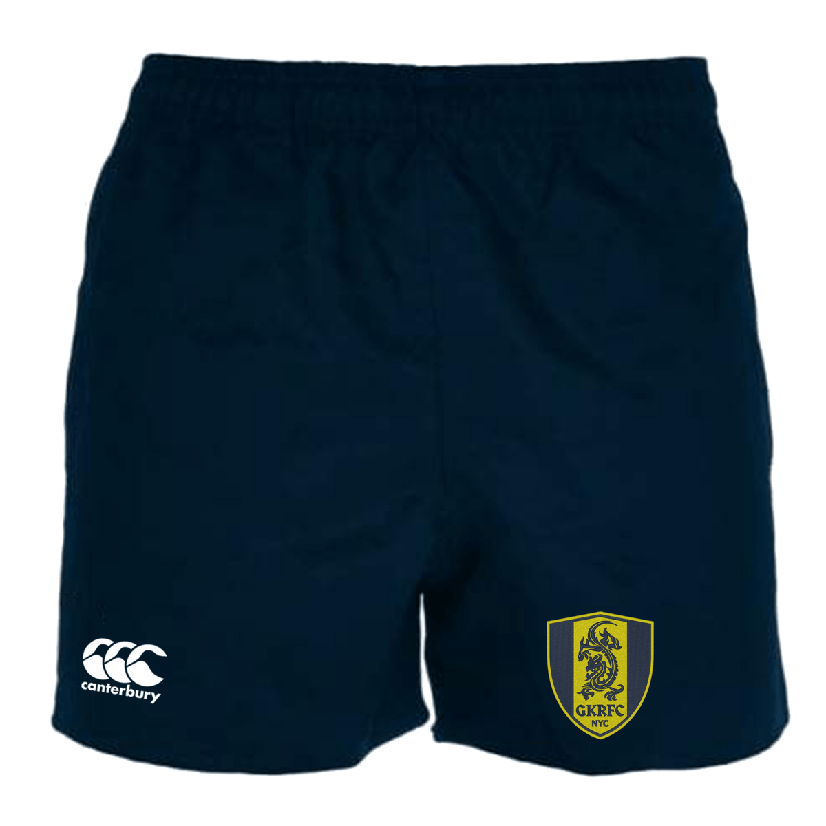 Navy blue Gotham Knights Women's Advantage Short 2.0 by EMB Canterbury, featuring the Canterbury logo on the left leg and a yellow crest with a lion and "GKRFC" on the right leg, made with recycled content for enhanced performance and sustainability.
