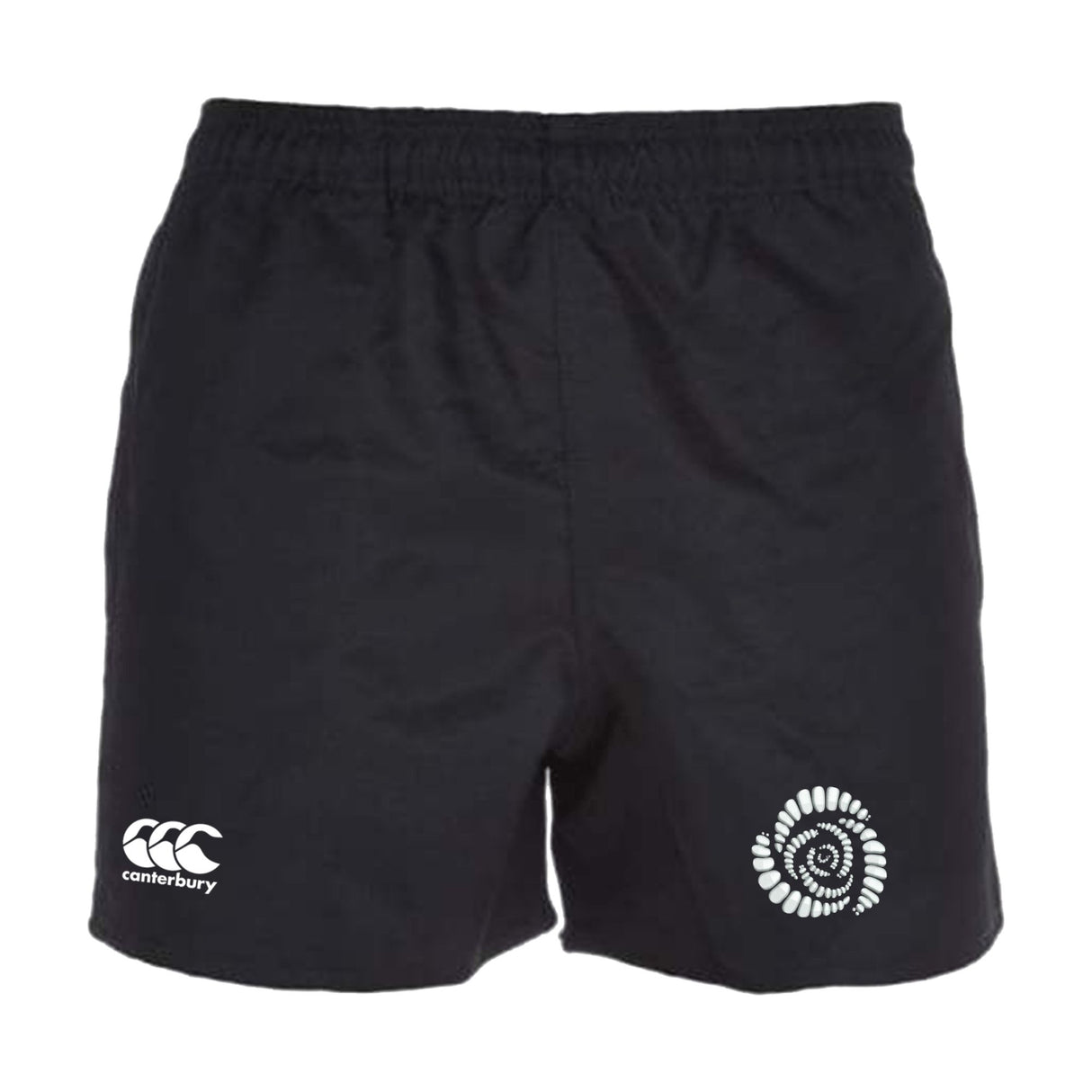 Missoula All-Maggots Advantage Rugby Shorts by Canterbury feature a black athletic design with an elastic waistband, a white Canterbury logo on the left leg, and a white circular Missoula All-Maggots emblem on the right leg. Crafted by EMB Canterbury, these rugby shorts are designed for performance and offer moisture-wicking properties to keep you comfortable during intense play.