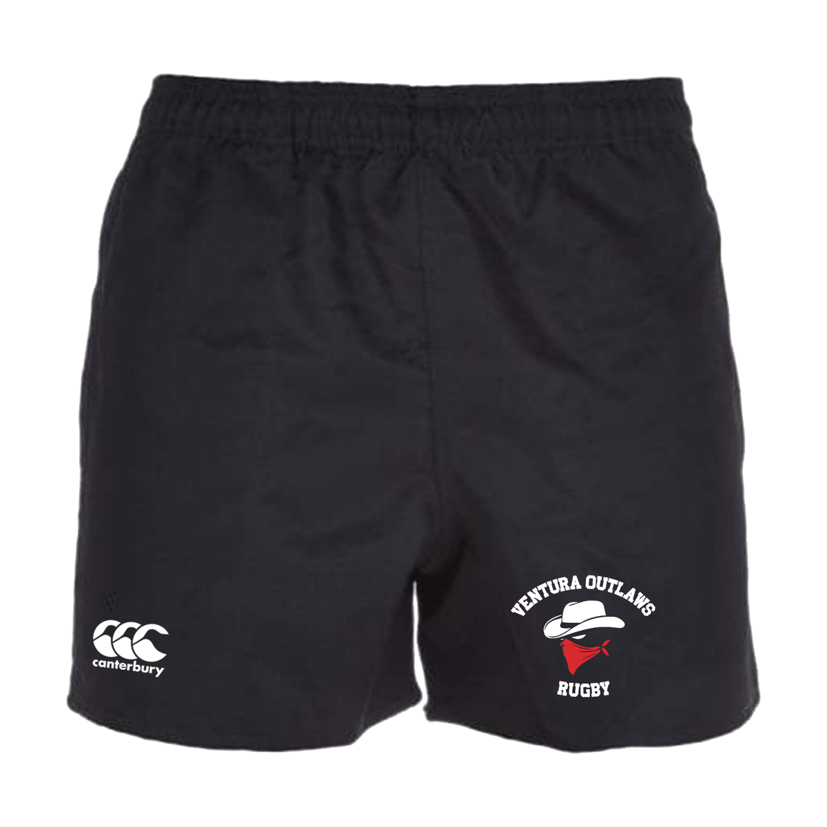 Ventura Outlaws Rugby Professional Polyester Rugby Shorts by EMB Canterbury featuring the Canterbury logo on the left leg and the Ventura Outlaws Rugby logo on the right leg.