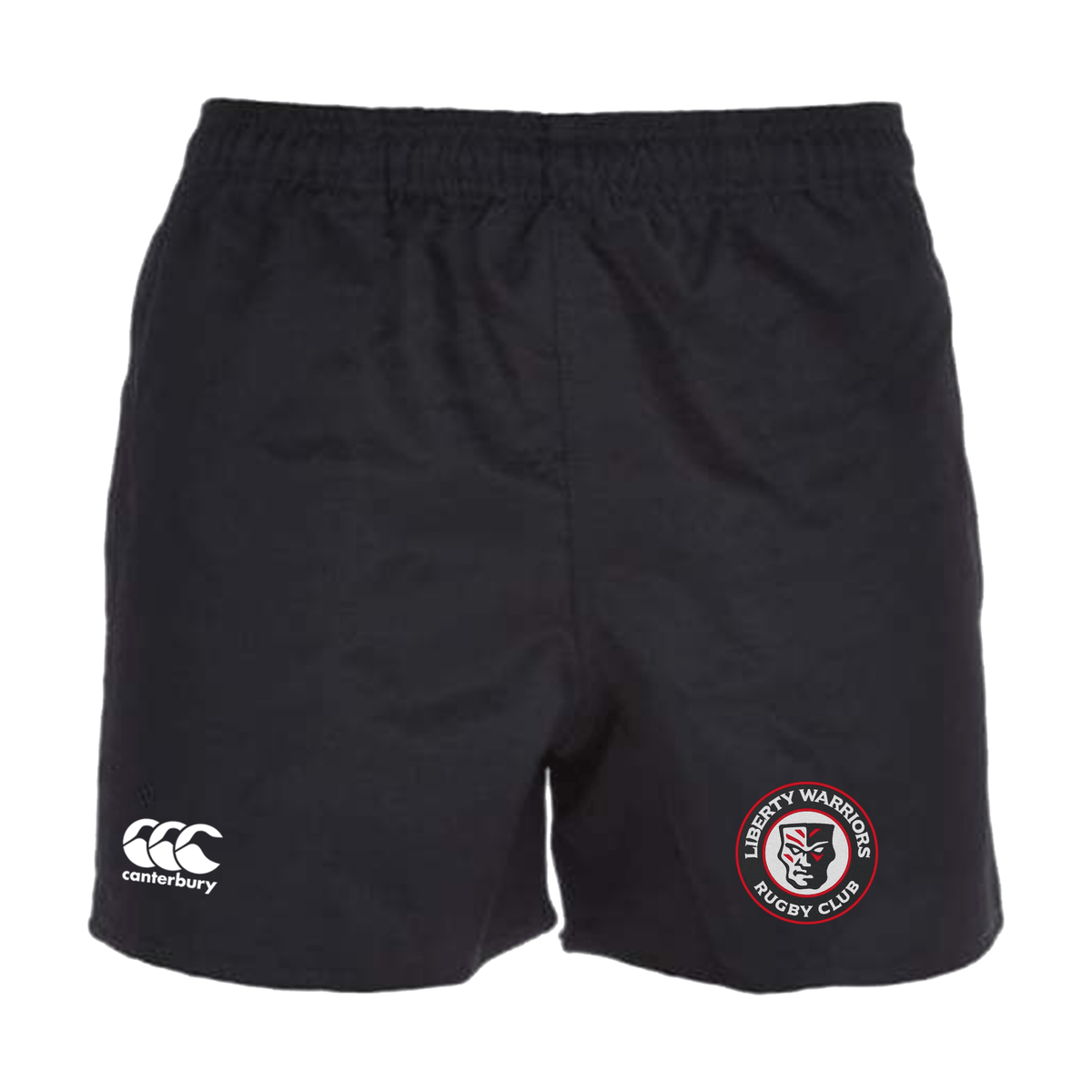 Liberty Lake Warriors Professional Rugby Shorts by EMB Canterbury, crafted from black polyester, display a bold white Canterbury logo alongside a unique Liberty Warriors Rugby Club emblem on the front.