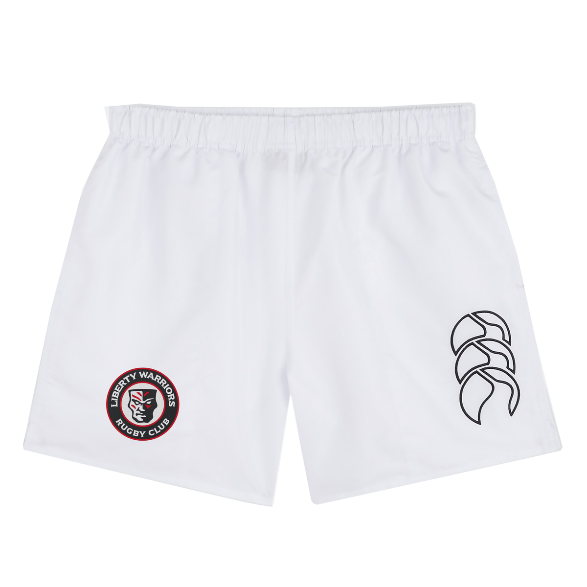 The Liberty Lake Warriors Tactic Short by EMB Canterbury features a white athletic design for men, with the Liberty Warriors Rugby Club logo on the left and a stylized motif on the right.