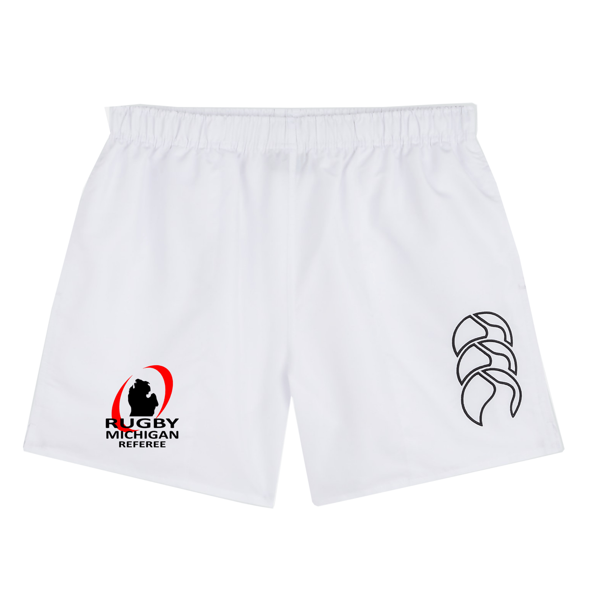 The Rugby Michigan Referee Society Tactic Short by EMB Canterbury is a pair of white rugby shorts that feature the "Rugby Michigan Referee" logo on the left side and a black abstract design on the right, ideal for men's sportswear enthusiasts.