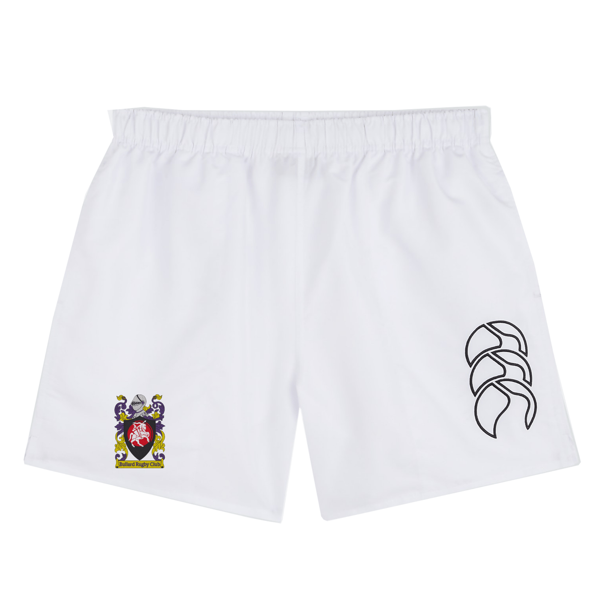 The CenCal Youth Bullard Tactic Short by EMB Canterbury, featuring a logo on the left side and a crest on the right, is perfect for a rugby pitch. These white athletic shorts are designed with an elasticated waist to ensure comfort and flexibility.