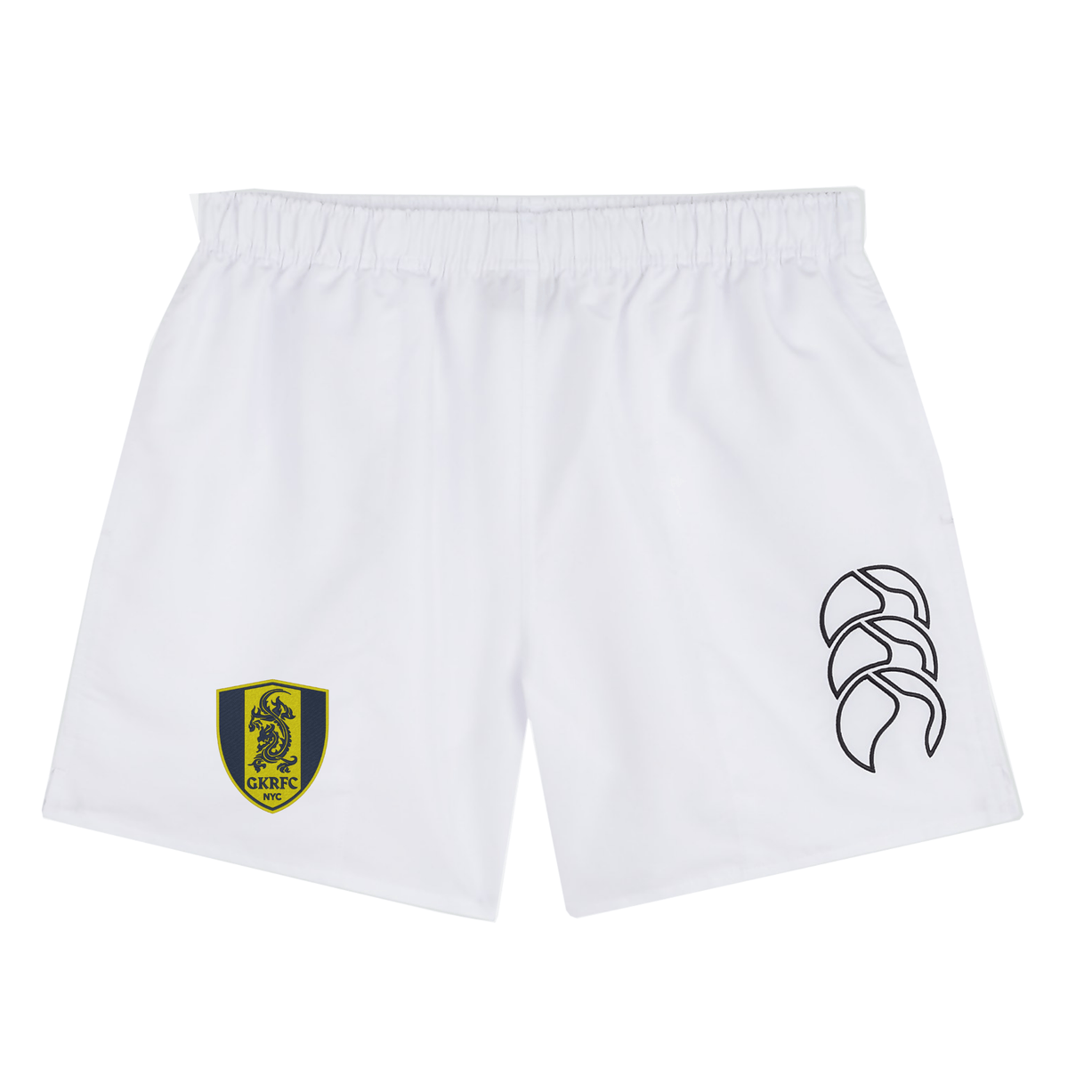The Gotham Knights Tactic Short by Canterbury features an elastic waistband and showcases a yellow and black club logo on the left leg along with a stylish black design on the right leg. These white training shorts by EMB Canterbury are perfect for any athletic activity or rugby match.