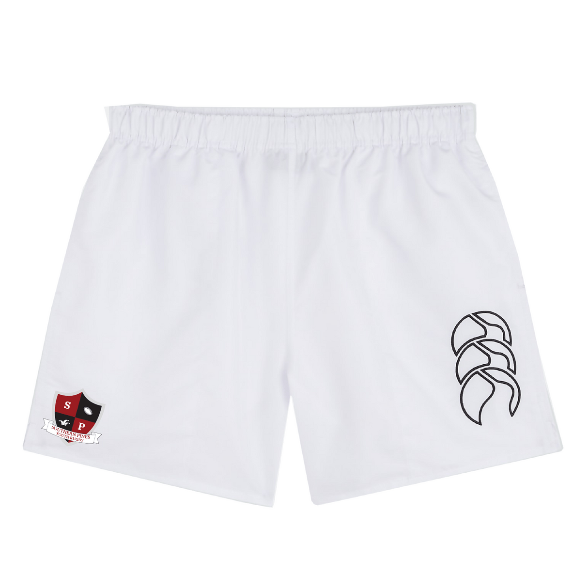 Southern Pines Youth Rugby Tactic Shorts by EMB Canterbury in white, showcasing a black angular logo on the right and a red and black shield logo on the left.