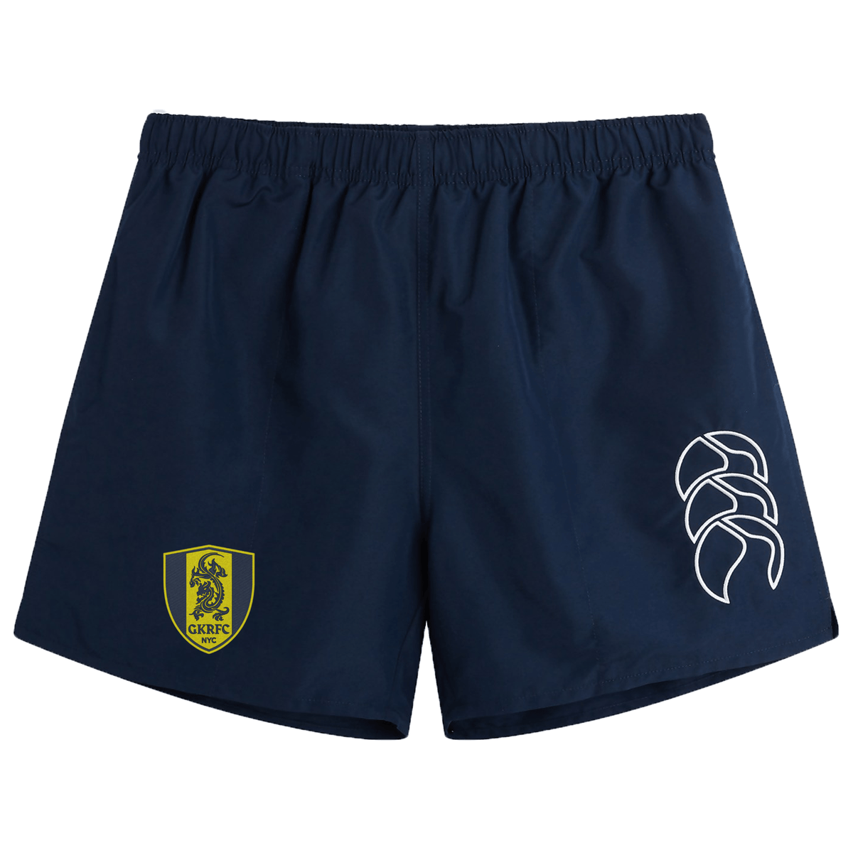 The Gotham Knights Tactic Short by Canterbury in navy blue from EMB Canterbury features an embroidered team logo on the left leg and a white design on the right leg, making them perfect for the rugby pitch.