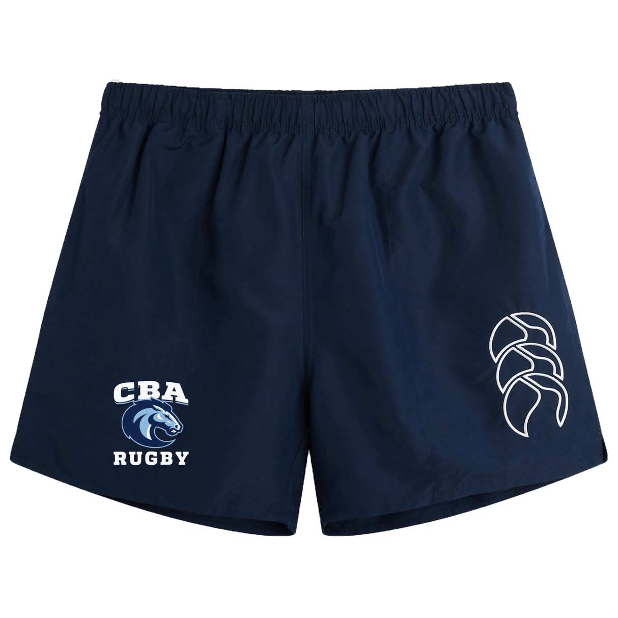 The Christian Brothers Academy Rugby Tactic Shorts by EMB Canterbury are navy blue men's rugby shorts with "CBA Rugby" and a logo on the left, plus a stylized emblem on the right. These lightweight shorts combine style and comfort for your athletic pursuits.